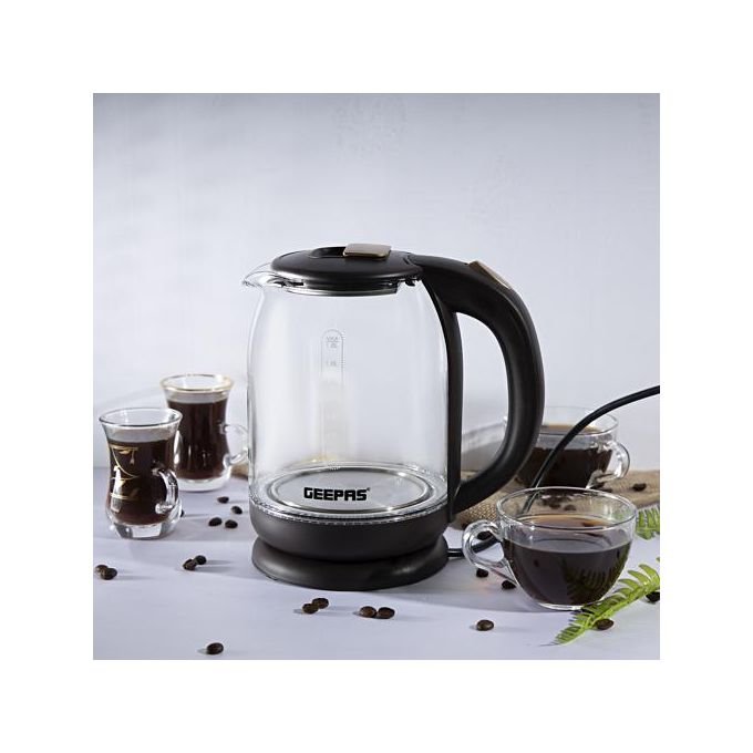 Geepas Electric Kettle With Glass Body, Boil Dry Protection 1.8L – Silver