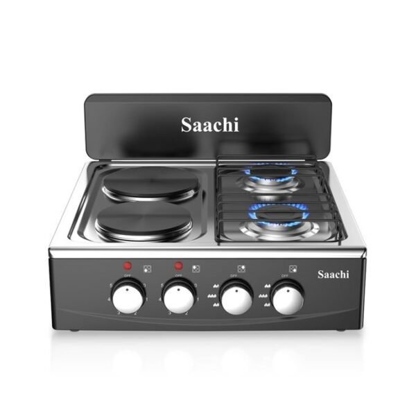 saachi 2 gas + 2 electric hot plates stainless steel table top black